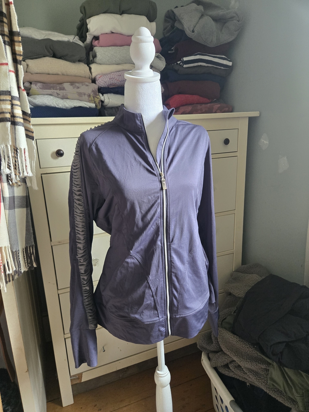 Bolle Grey Zip-Up Sweater with Ruched Sleeve Detail